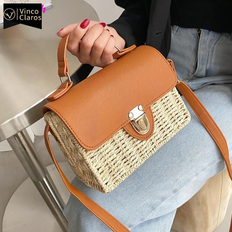 

Fashion Straw Knitting Shoulder Bag Leather Patchwork Crossbody Bags for Women Purse and Handbags Luxury Designer Sac A Main New