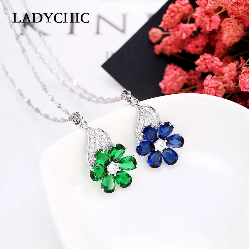 LADYCHIC роскошный синий и зеленый AAA цветок с цирконом Кулон Ожерелья модные кристалл серебряный цвет Свадебные украшения LN1097