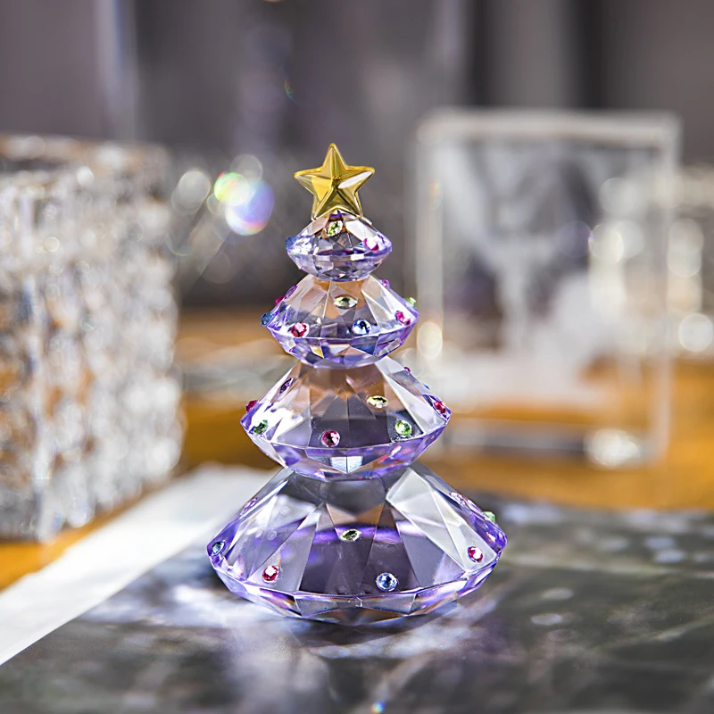 H&D Crystal Christmas Tree Figurine Holiday Paperweight Collection Souvenir Handcrafted Xmas Gift Home Table Decoration (Purple)