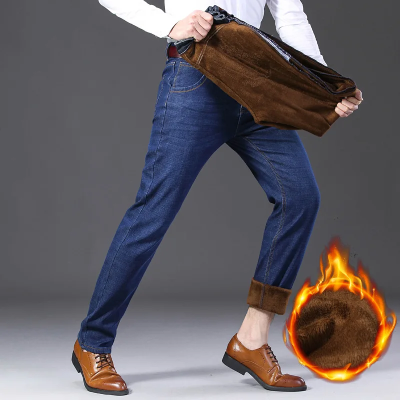 Зимние мужские джинсы 2019 зимние теплые фланелевые Стрейчевые для мужчин прямые