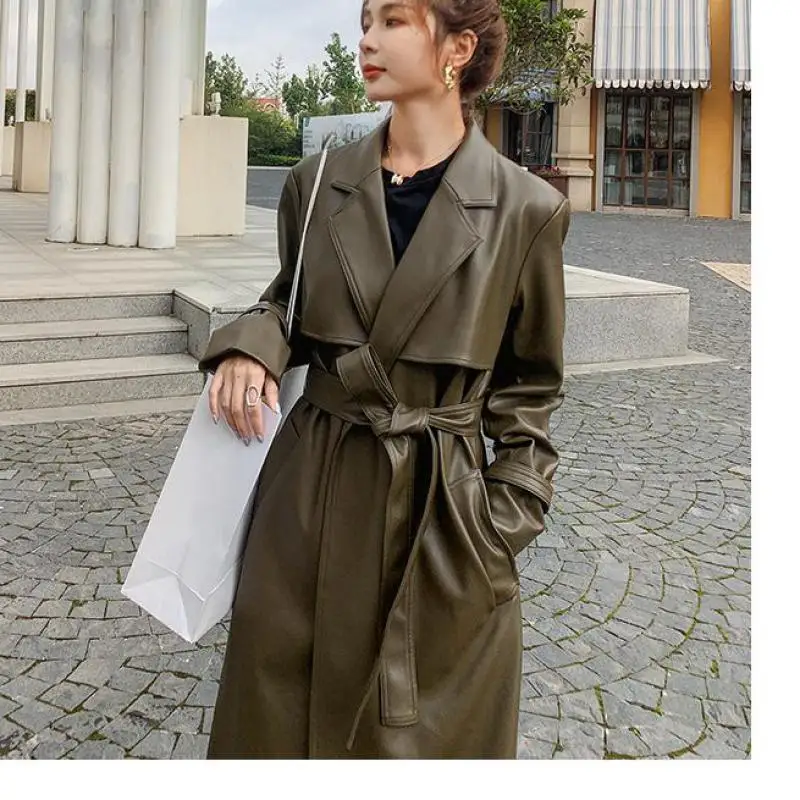 

Cool Pu Leather Long Jacket 2020 New Autumn Women Loose Sashes Design Windbreaker Trench Coat Slim Spring Outerwear