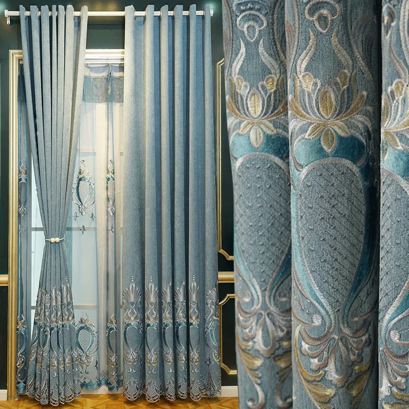 

Luxury Chenille Curtains Chinese Shading Hollow Embroidered Curtains for Living Dining Room Bedroom