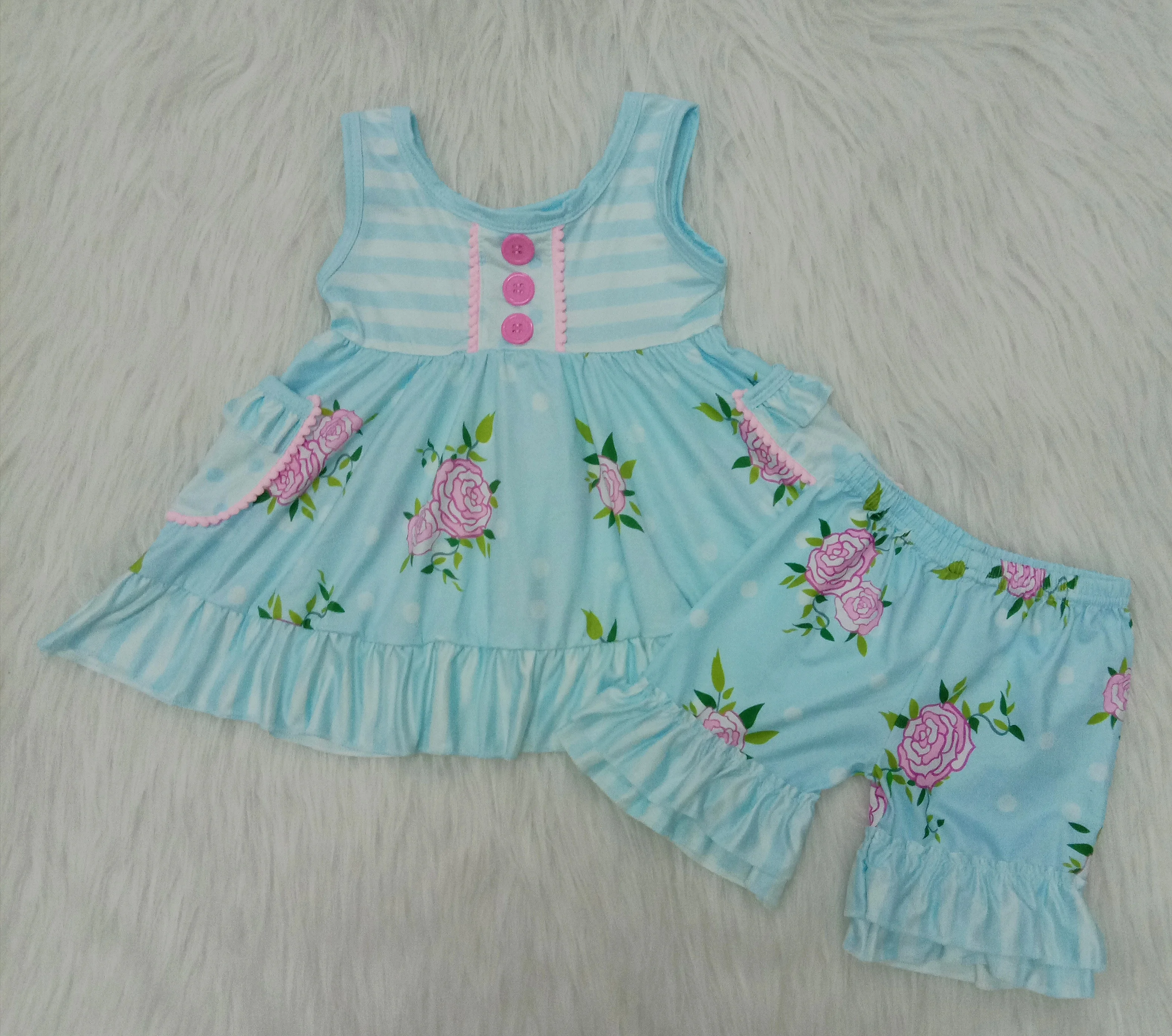 

Boutique Kids Girls Remake Outfit Summer Cute Blue Floral Sleeveless Tunic Top With Ruffle Shorts Baby Ifant Clothing Hot Sale