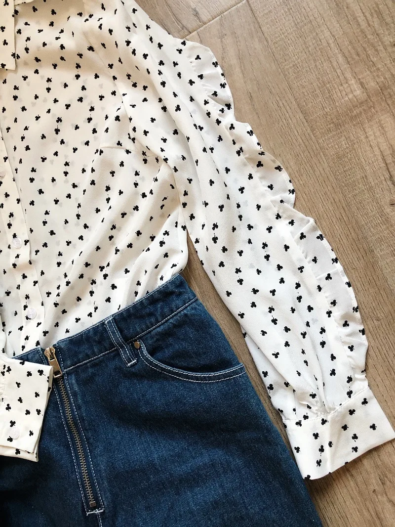 

2020 Early Spring Silk Women's Shirt Shamrock Print Turn Down Collar Ladies Office Blouse Female Long Sleeve Blouses And Top