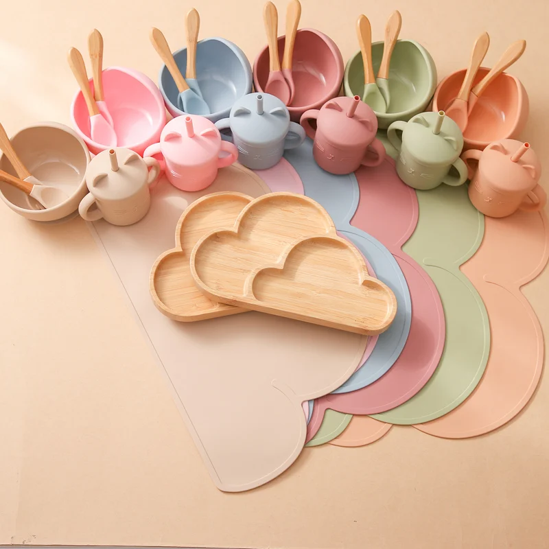 Vajilla de silicona de 6 unids/set para beb&eacute;, cuenco de silicona de grado alimenticio, cuchara impermeable, plato de cena de madera de bamb&uacute;, taza de alimentaci&oacute;n, productos para beb&eacute;-4