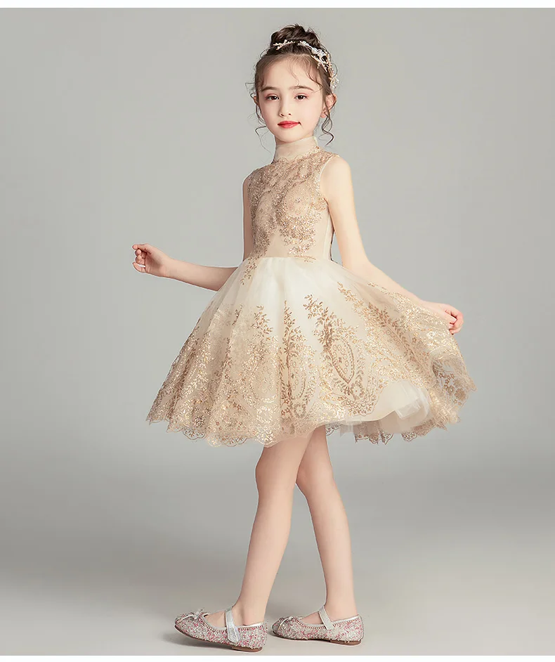 Children's Princess Dress Girl's Wedding Girl Sleeveless Evening Gold Sequins Baby Baptism Pageant Gown | Детская одежда и