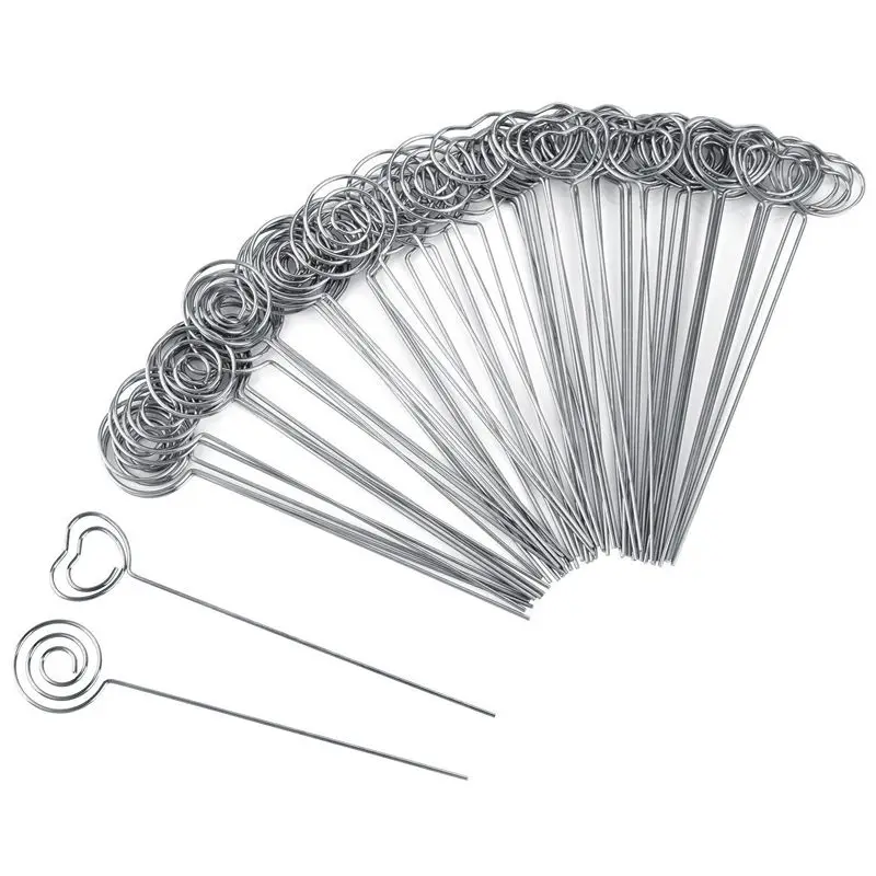 60 Pieces Metal Wires Memo Clip Note Card Holders Table Number Clip Photo Stand for Wedding Party Cake Decor, Round and Heart Sh