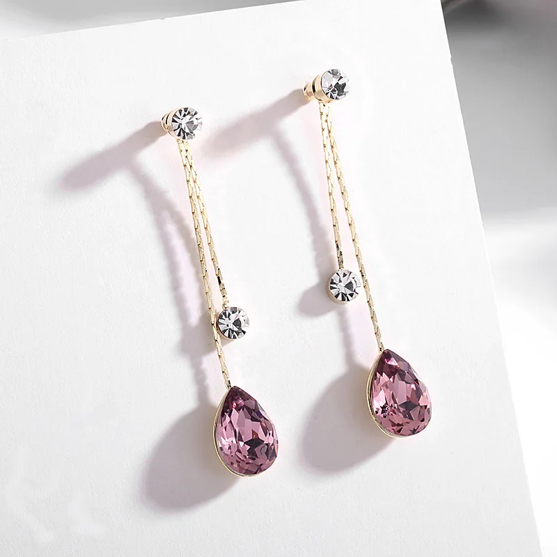 

Fashion Long Blue Water Drop Dangle Female Luxury Jewelry Gold-Plated Shining Crystal Earring Sweet Simple Tassel Earrings