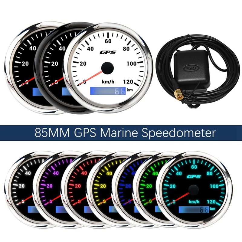 

85MM GPS Marine Speedometer 0-120KM/H Speedometer 7-Color Backlight Digital Odometer for Yachts Boats