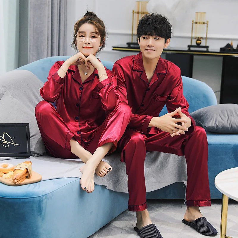Sexy satin couple pajamas set Silk Pajamas For Women and men Lovers long sleeved autumn Pyjamas Sleepwear Sets Pijama Mujer