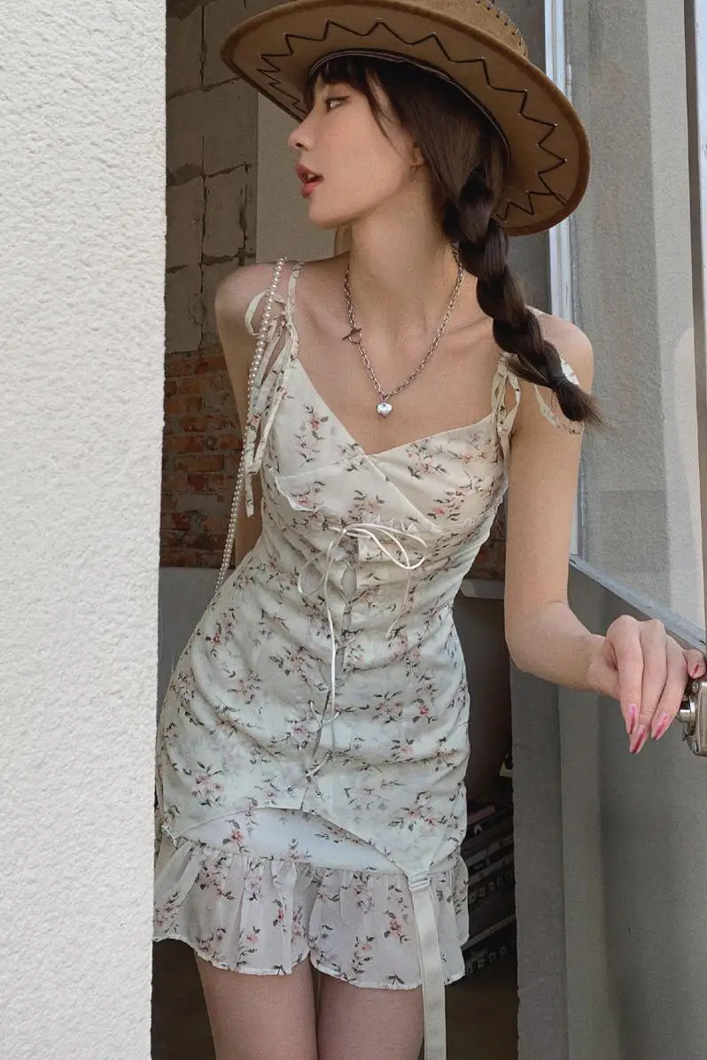 

Summer Floral Spaghetti Strap Sexy Lace Up Dress Women Slim Sleeveless Wrap Dresses Ladies Print Mini Short Dress Woman