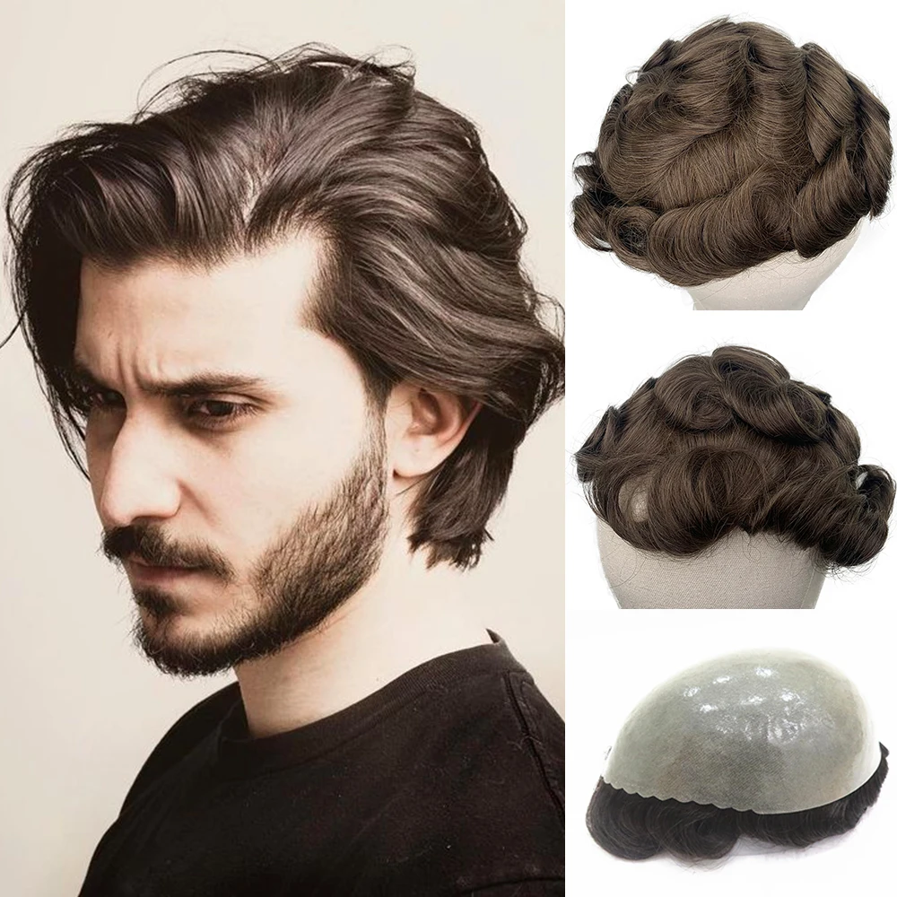 Парики YY мужские парик для мужчин тонкая искусственная кожа PU #4 # 1B натуральный