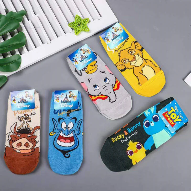 

New Disney Lion King Simba Dumbo Socks Wild Boar Aladdin Lamp God cartoon Print Funny Sock Spring Autumn Short Anime Woman Socks