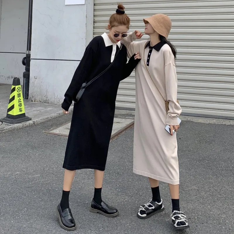 

Women knitted cotton 2019 Autumn and winter polo collar contrast color stitching long-sleeved knit mid-length dress