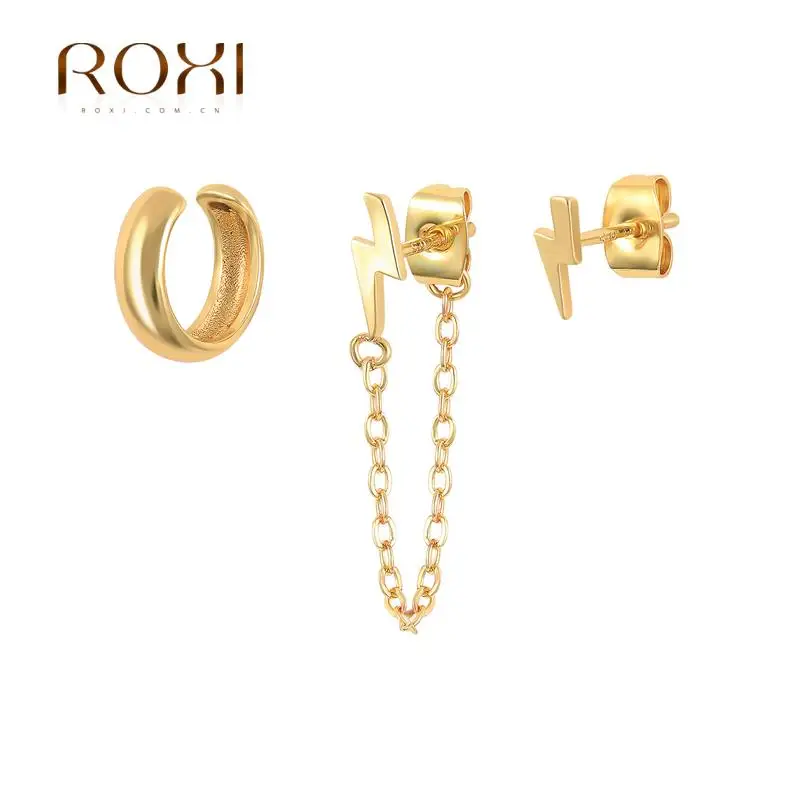 

ROXI Glossy Lightning Link Chain Jewelry Set Earrings for Women 925 Sterling Silver Stud Earrings Piercing Pendientes Plata 925