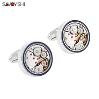 savoyshi fashion silver color cufflinks for mens shirt cuff high quality round watch movement cuff links free engraving name