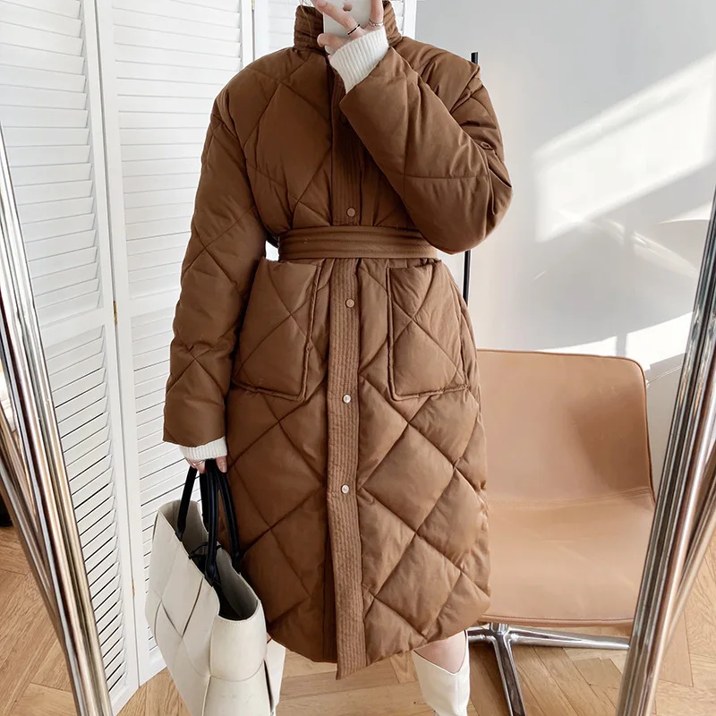 2021 Winter Jacket Women Parkas Korean Long Cotton-padded Coat Casual Stand-up Collar Argyle Pattern Oversized Parka Chic Jacket