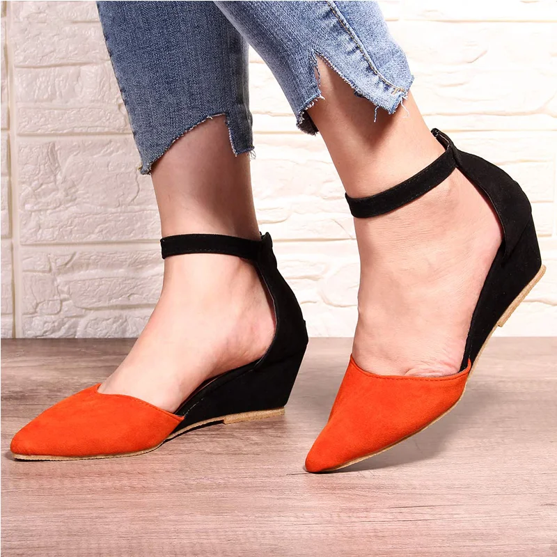 Women Wedge Ankle Strap Pumps Zipper Suede Leopard Pointed Toe Shallow Ladies Shoes Summer Plus Size Casual Sandals New Female