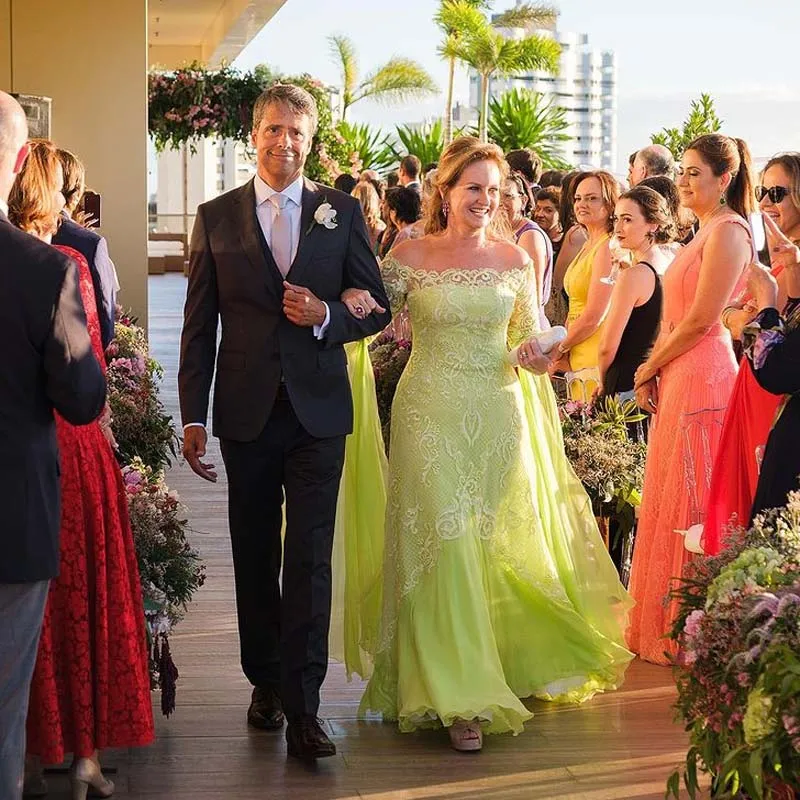 

Bright Green A Line Mothers Dresses Sheer Neck Long Sleeve Appliques Chiffon Formal Gown Vestidos De Fiesta