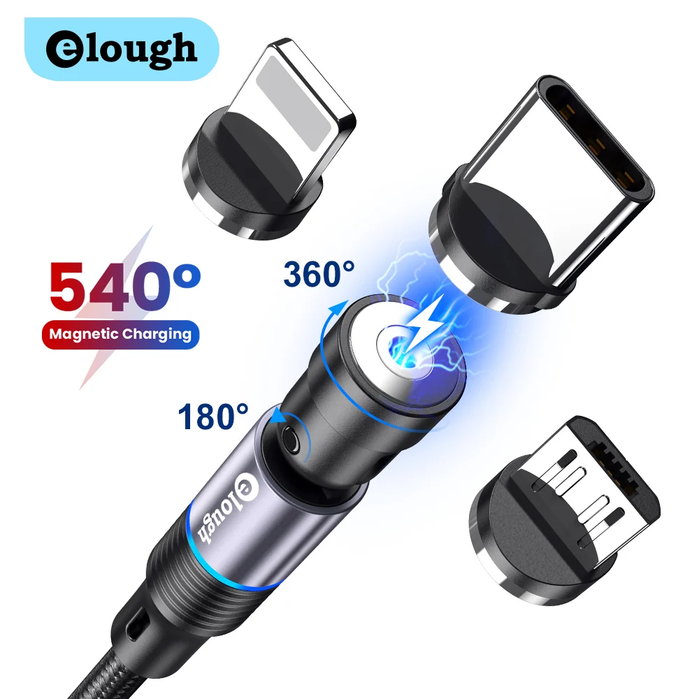 

Elough 540 Degree Rotation Magnetic Cable Type C Micro USB 2.4A Fast Charging Wire For Xiaomi iPhone Huawei Charging Cable 2m 1m