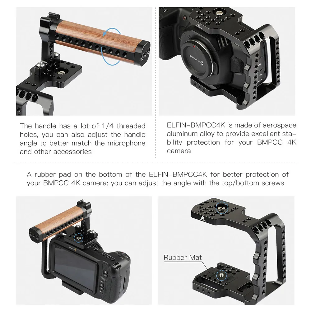 DF DIGITALFOTO ELFIN-BMPCC4K клетка для видеокамеры из алюминиевого сплава с верхней деревянной ручкой для камеры BMPCC 4K Vlog