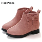 Детские полусапожки MudiPanda для девочек, кожаные туфли принцессы с бантом, теплая модная детская обувь на мягкой подошве для снега, кроссовки 2021