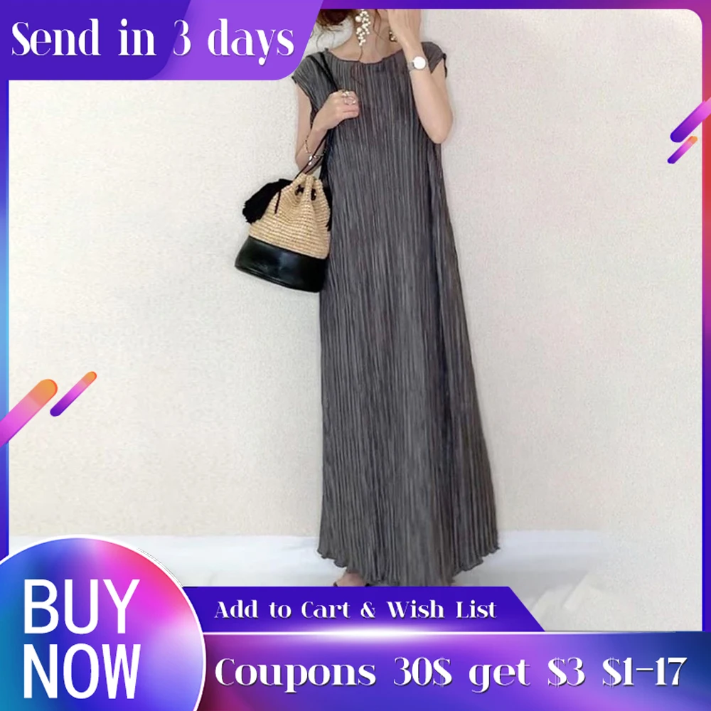 Женское плиссированное платье новое повседневное длинное темно серого цвета для