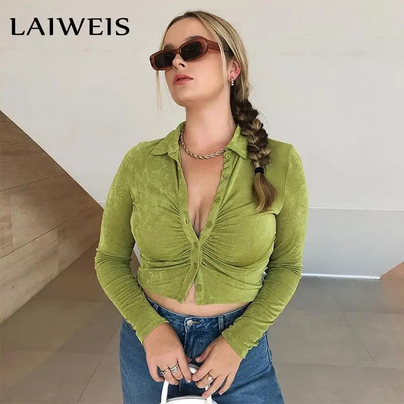 

LAIWEIS зеленая блузка на пуговицах, рубашка, короткий топ с длинным рукавом, женская укороченная Сексуальная Блузка с рюшами, летние и осенние ...