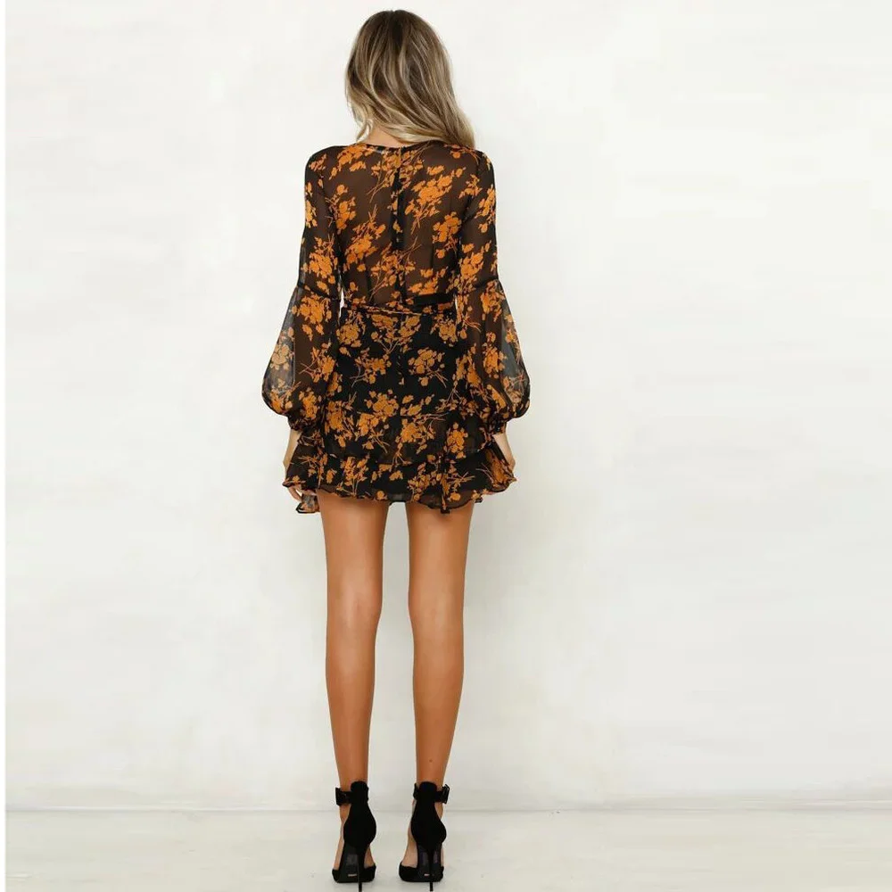 

2021 Fashion Womens Boho Dresses Women Summer Floral Chiffon Party Beach Short Mini Dress Sundress Lace v Neck Ruffles Dresses