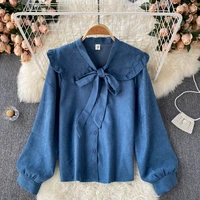 ruffled tie neck women shirt lace up autumn long sleeve peter pan collar female shirts spring casual ladies tops
