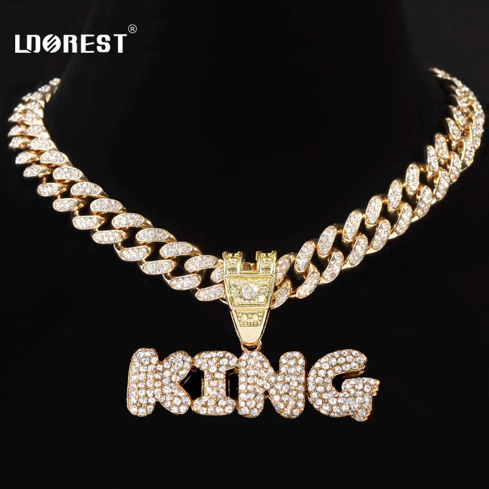 Men Women Hip Hop Bling KING QUEEN Letter Pendant Necklace 13mm Miami Cuban Link Chain Necklaces Iced Out Charm Fashion Jewelry