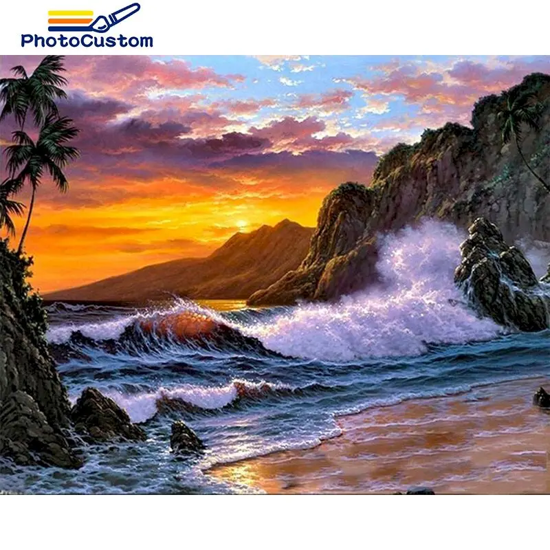 

PhotoCustom Diy Paint By Numbers Landscape Picture By Numbers Seaside Scenery For Adult Handpainted Gift Frame Artwork