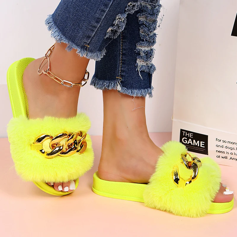 Women Big Size Home Slippers Flats Furry Flip Flops Shoes Female Indoor Casual Metal Chain Shoes Ladies New Slippers Fur Slides images - 6