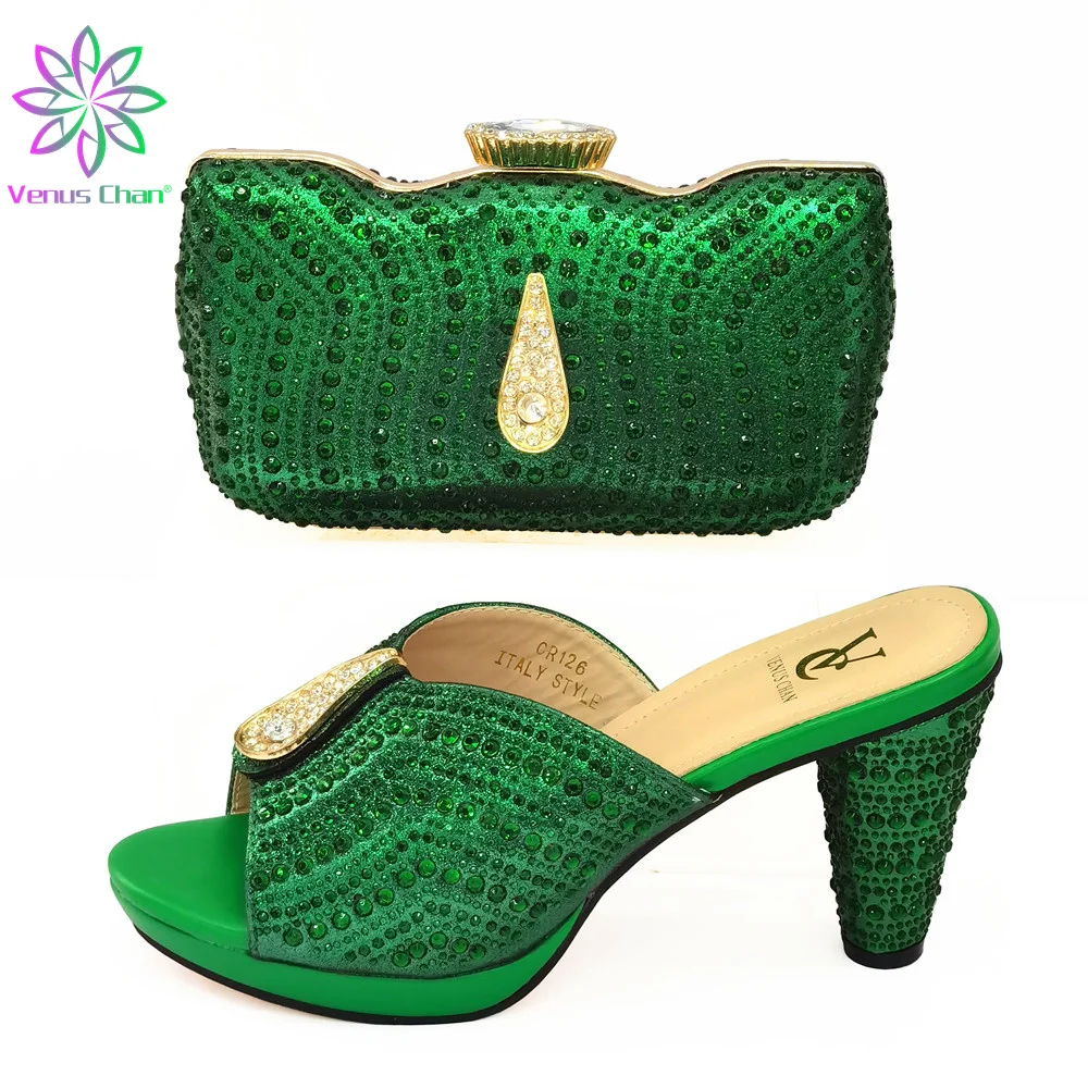 

2022 New Arrivals Fashionable African Women Shoes Matching Bag Set in Green Color Comfortable Heels with Platform for Wedding