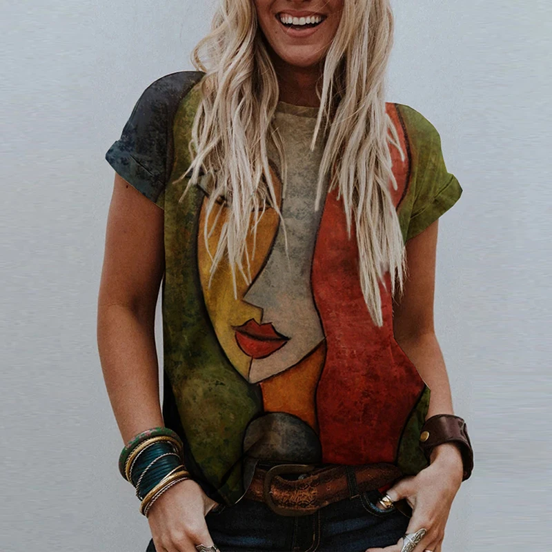 

2021 O Neck Tshirt Women's Summer Casual Oversize Print Shirt Tops Loose Vintage Female Tee Streetwear Y2K Short Sleeve Clothes