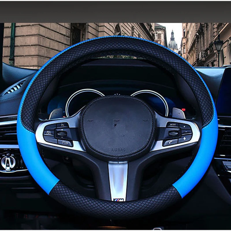 Кожаный красочный чехол на руль украшения автомобильные аксессуары украшения четыре сезона универсальный 36-38 см спортивный нескользящий - Название цвета: Синий