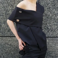 patchwork slim t shirts for women skew collar short sleeve asymmetrical button t shirt female fashion new clothing