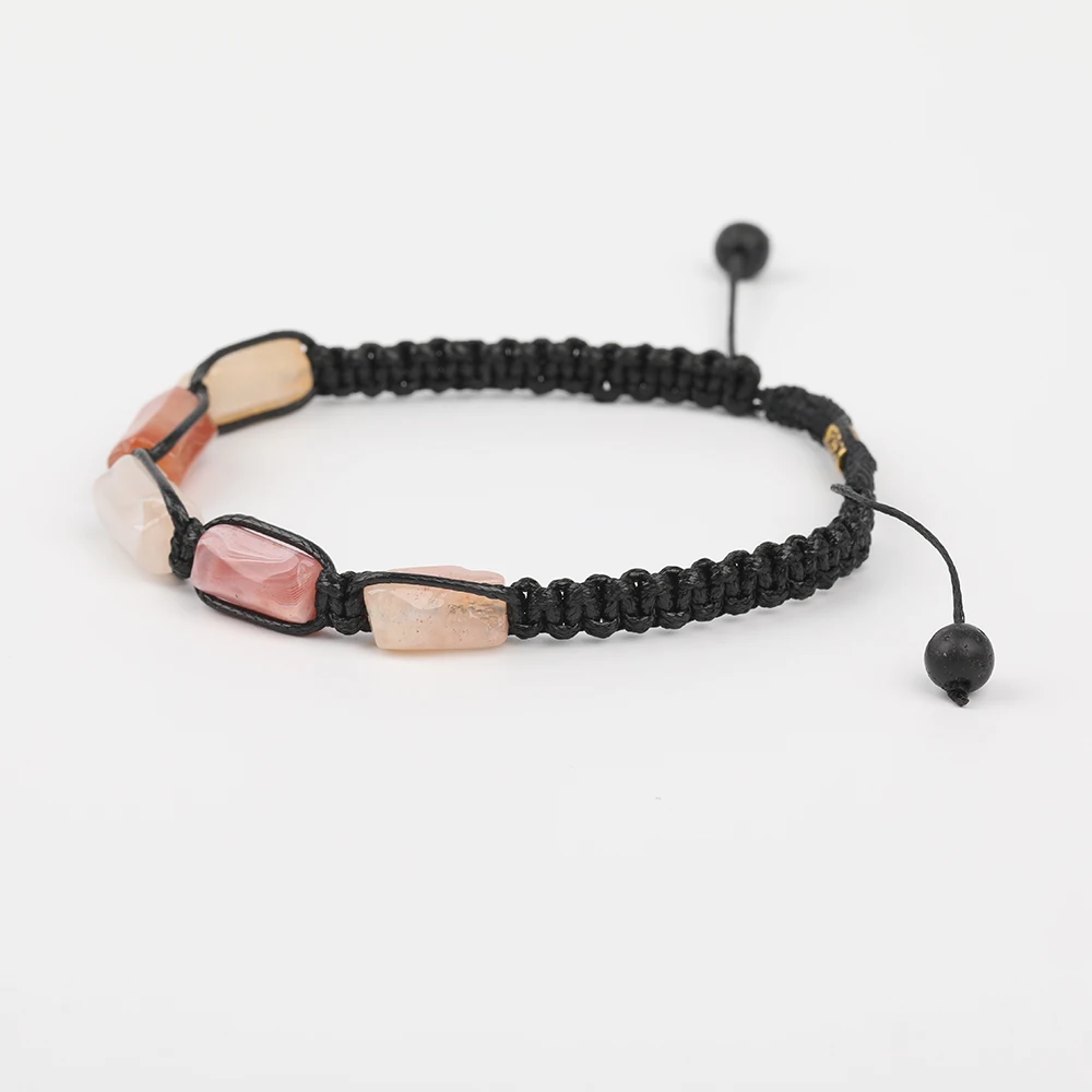 

10Pcs/Lot Natural Red Striped Agates Nugget Beads 6mm Black Lava Round Beads Cord Knotted Adjustable Bracelet For Women N0394JBF