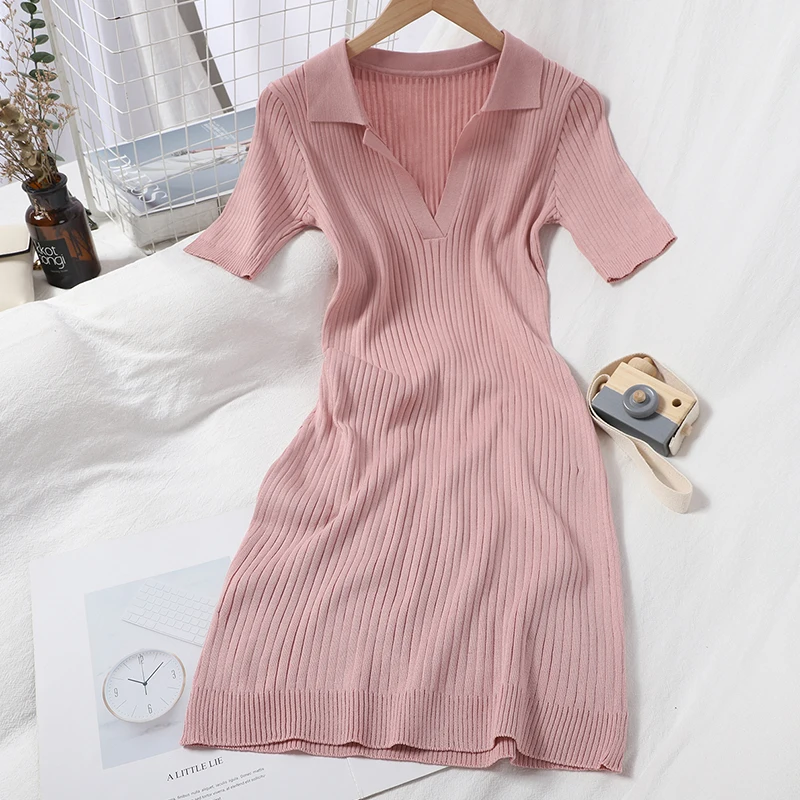 

Fashion Knitted Summer Women Dress Sexy V-Neck Turn-Down Collar Short Sleeve Slim Female Vestidos W132