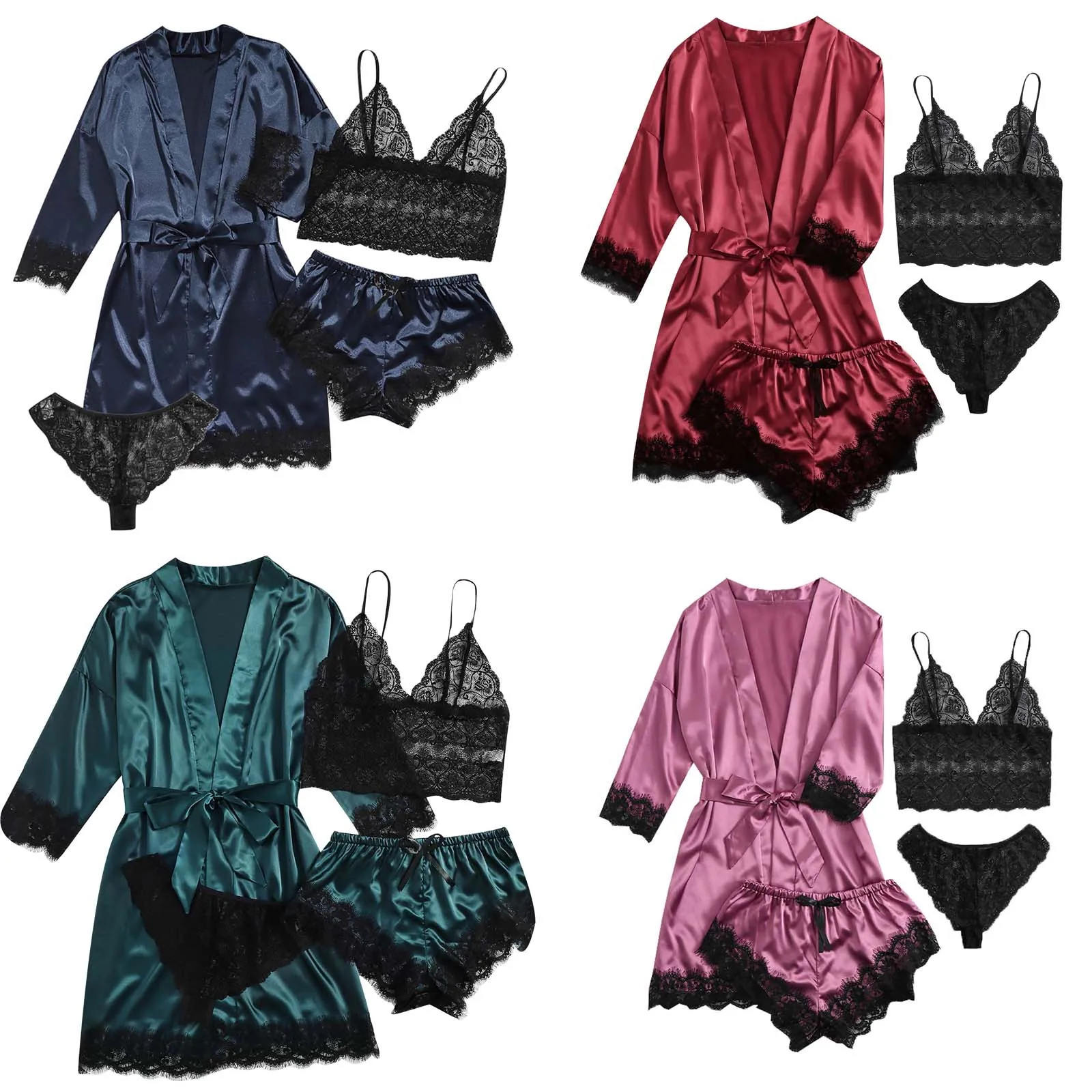 

Exotic Accessorieswomen Lace Satin Wireless Bra Camisole Shorts Pajamas Robe Four Piece Set Lingerie 2021