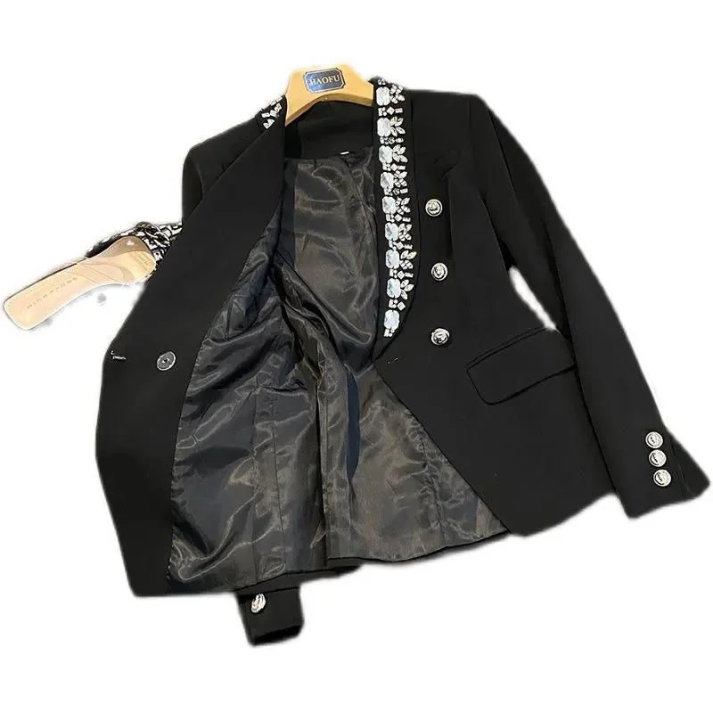 Женские блейзеры с двойной грудью модельные пальто черного цвета бусинами