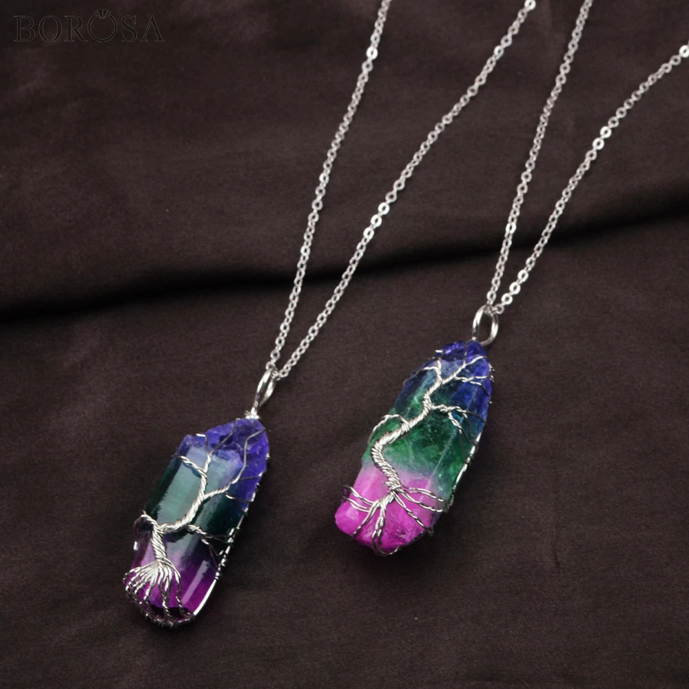 

Handmade Wire Wrapped Crystal Necklace Life Tree Silver Color Necklace Rainbow Chakra Crystal Pendant Necklace Women WX1362-N