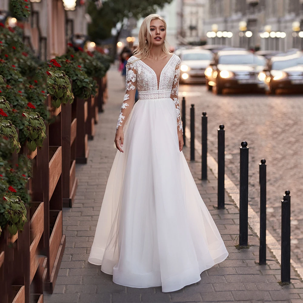 

Vestido De Fiesta Boda Boho Bohemian Sexy V Neck Wedding Dress Full Sleeves Chiffon Civil Simple Bridal Gowns Applique