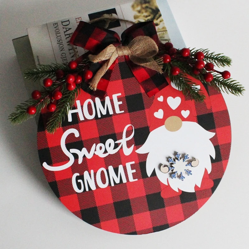 

Christmas Wooden Plaid Bow Front Door Sign Sweet Gnome Seasonal Interchangeable Round Door Hanger Hanging Ornaments Rustic M6CE