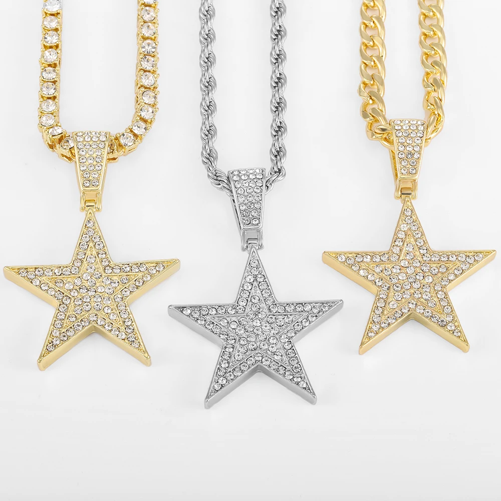 

2021 New Men Necklace Hip Hop Iced Out Bling five-pointed star Pendant Necklaces Gold Color Tennis Zircon Fashion Charm Necklace