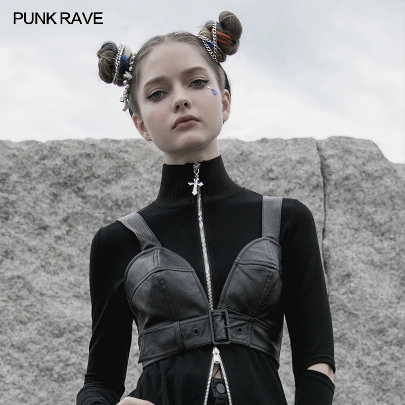 PUNK RAVE Women's Punk Slim Sexy PU Crack Leather Corset Structural Breast Cup Design Black Handsome Bustiers Accessories