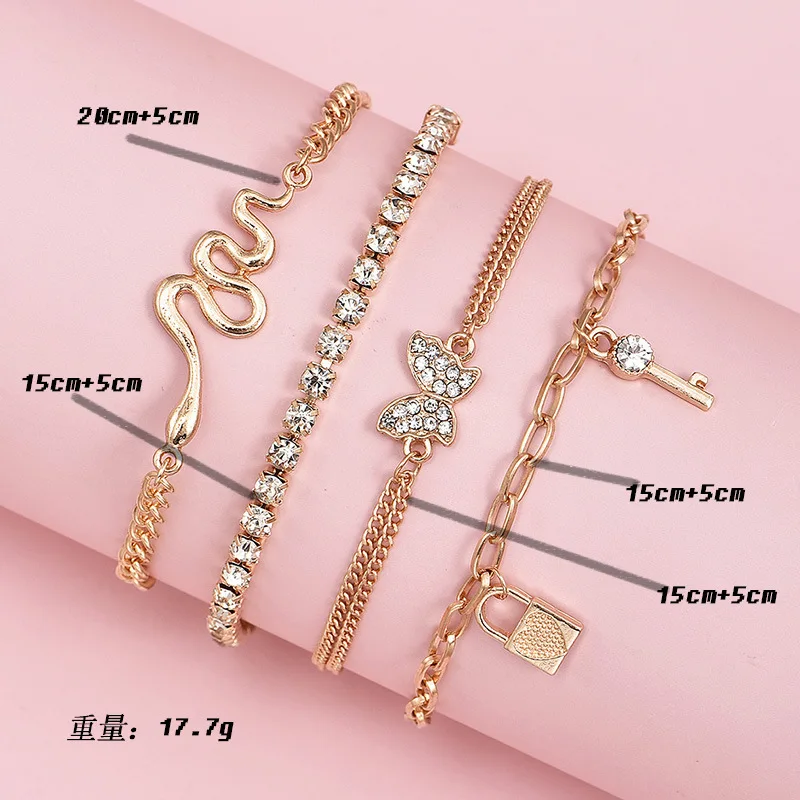 

4 Pcs/set Key Heart Crystal Chain Bracelets Summer Trendy Gold Metal Butterfly Bracelet Women Girls Jewelry New Party Gifts