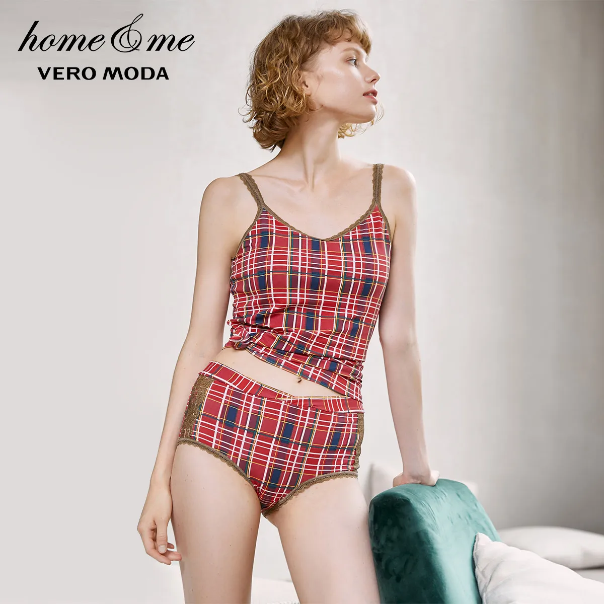 Vero Moda Women's Cotton Plaid Lace Camisole &amp Underpants Homewear Pajamas Sets | 3194TS504 Женская одежда
