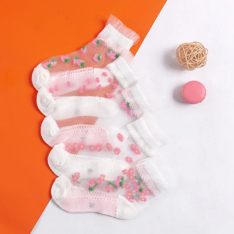 

Summer Soft For Cotton Breathable Kids Ankle 1-12 Short Lace Socks Pairs 2021 New Strawberry Crystal Silk Children's Socks Baby
