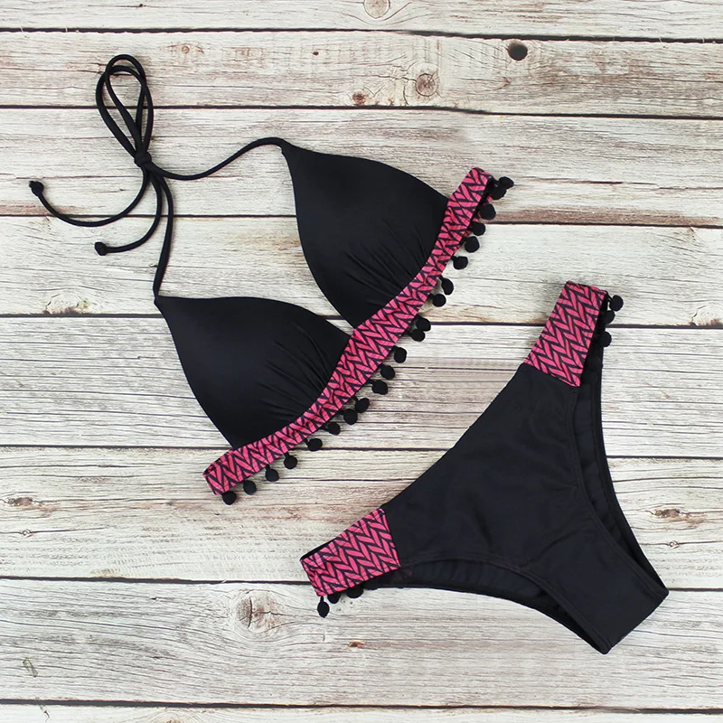 

Summer Women New Bikinis 2021 Sexy Two Piece Swimwear Bandage Push Up Tassel Black Ball Leopard Plus Size Bathing Suit